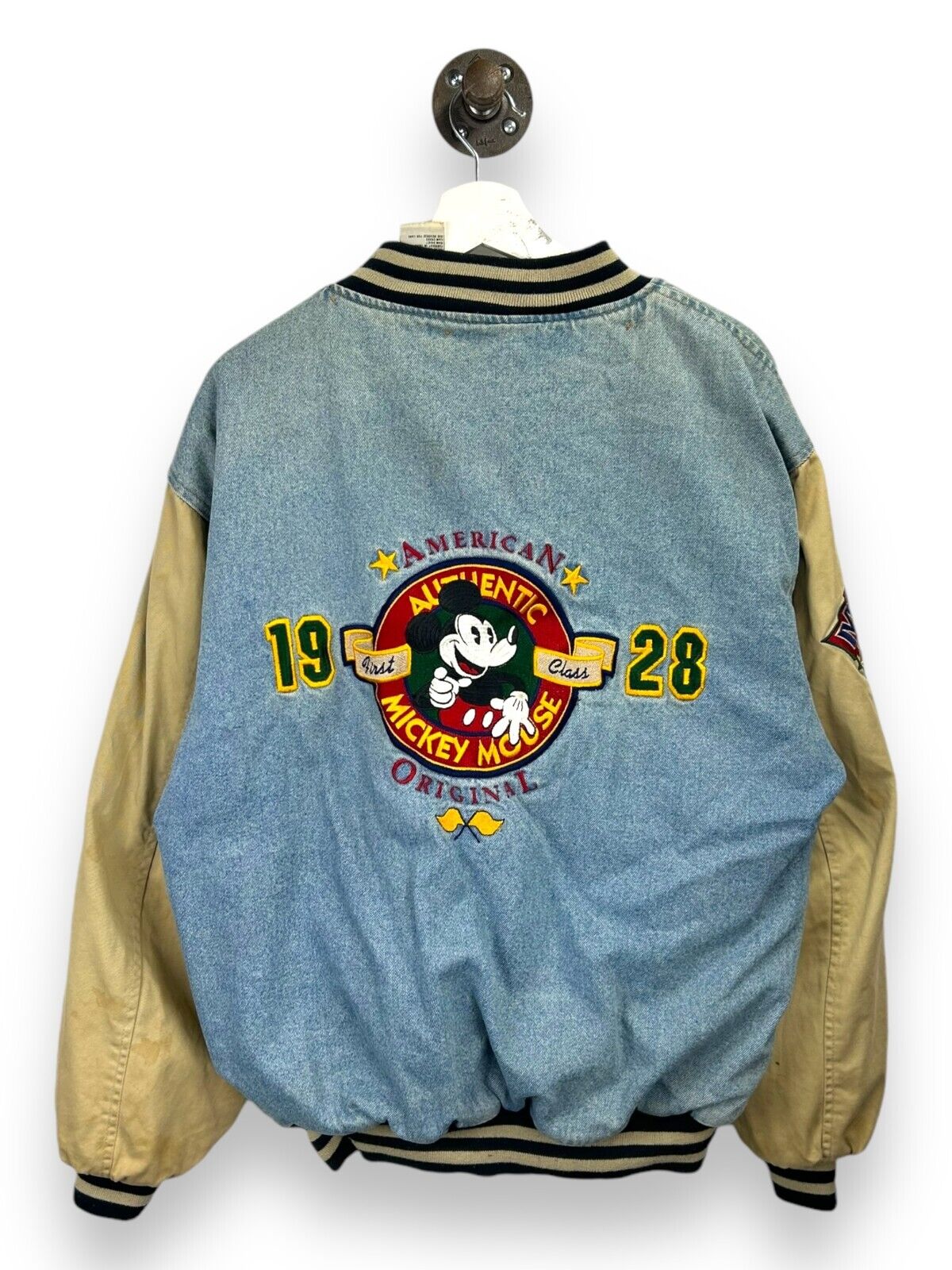 Vtg 90s Disney Mickey Mouse Insulated Embroidered Denim Bomber Jacket Sz Large