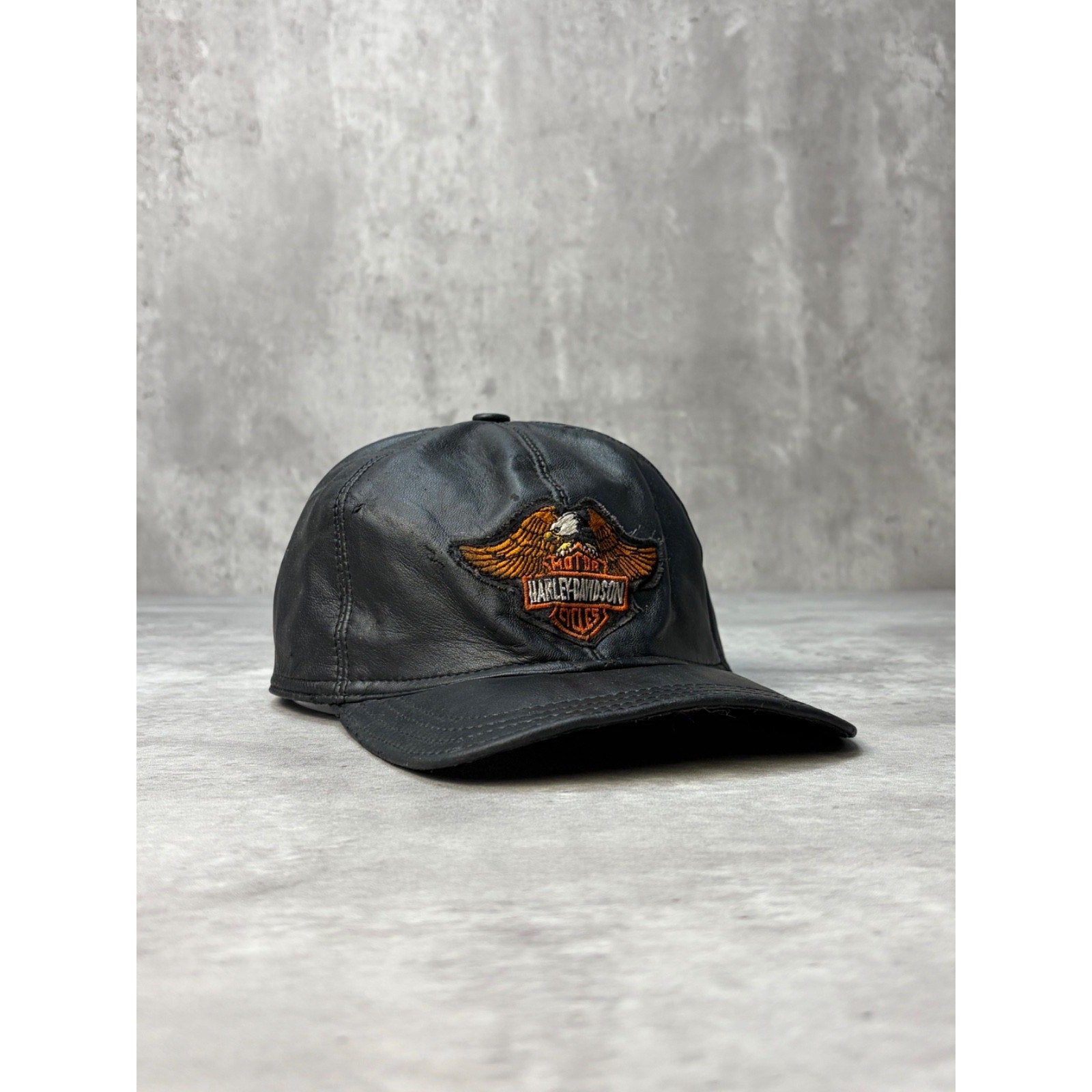 Vintage Harley Davidson Embroidered Bald Eagle Logo Leather Strapback Hat OSFA