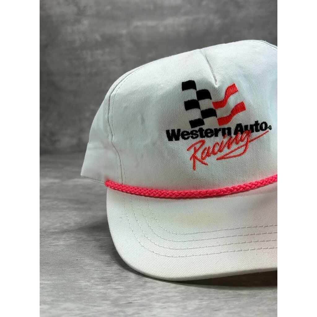 Vintage 90s Western Auto Racing Embroidered Spellout Snapback Hat OSFA White