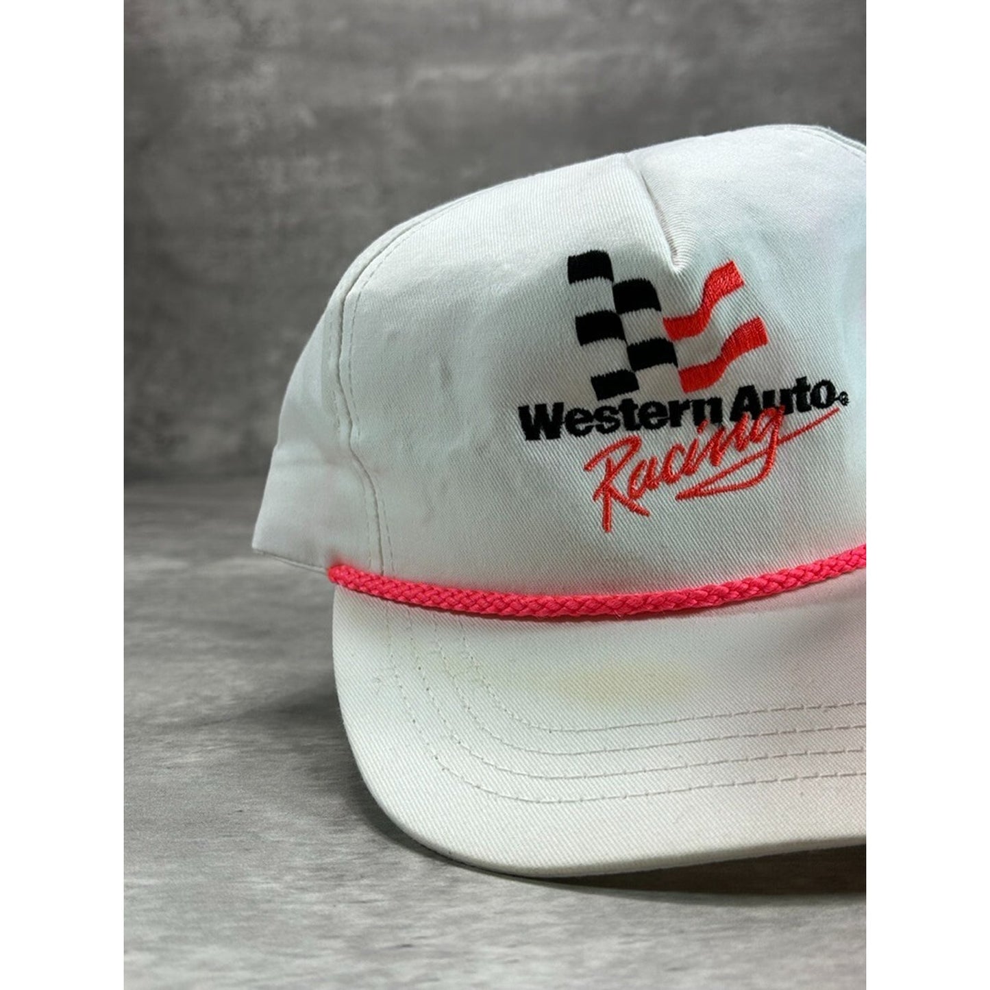 Vintage 90s Western Auto Racing Embroidered Spellout Snapback Hat OSFA White