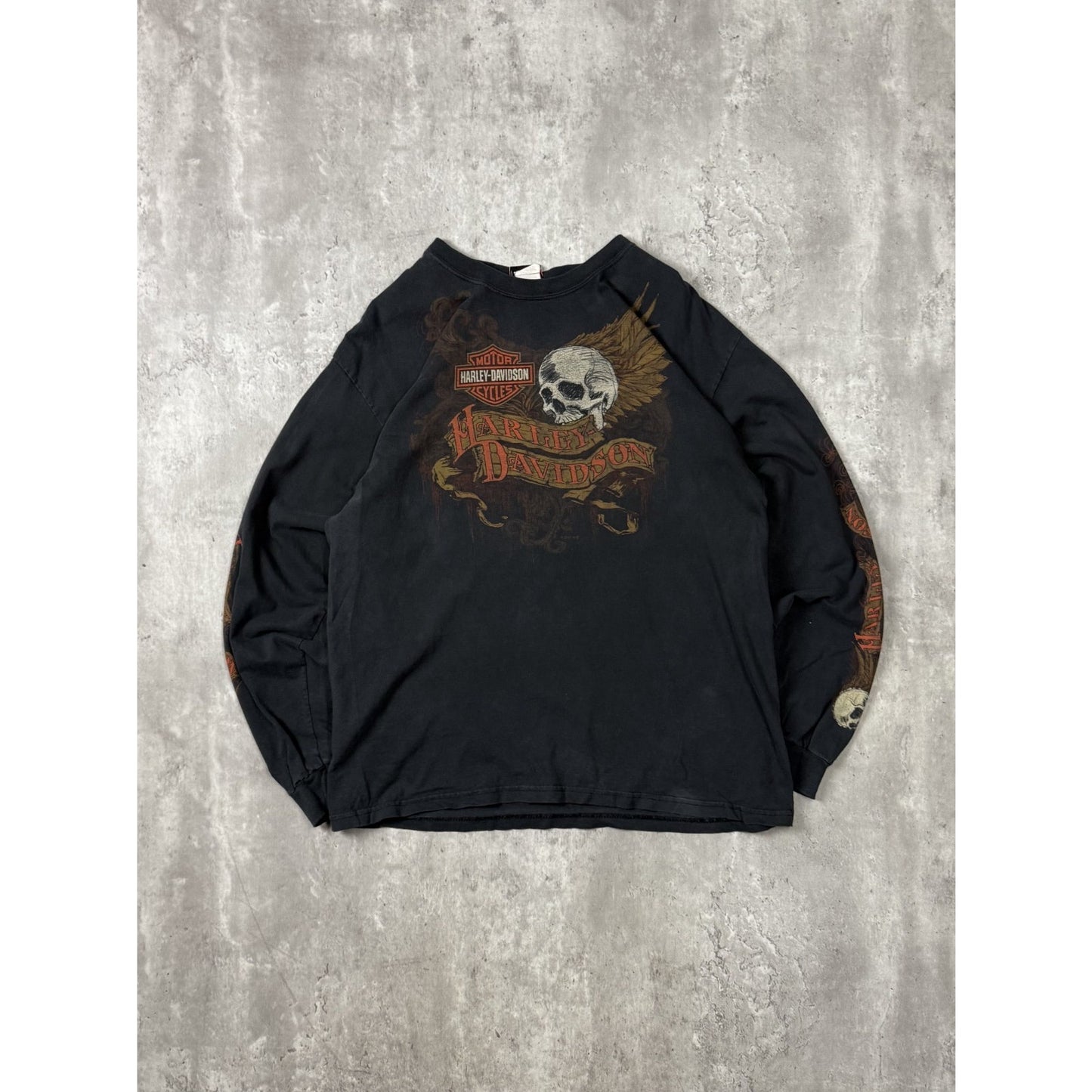 Harley Davidson Motorcycles Skull Graphic Spellout Longsleeve T-Shirt Size Large