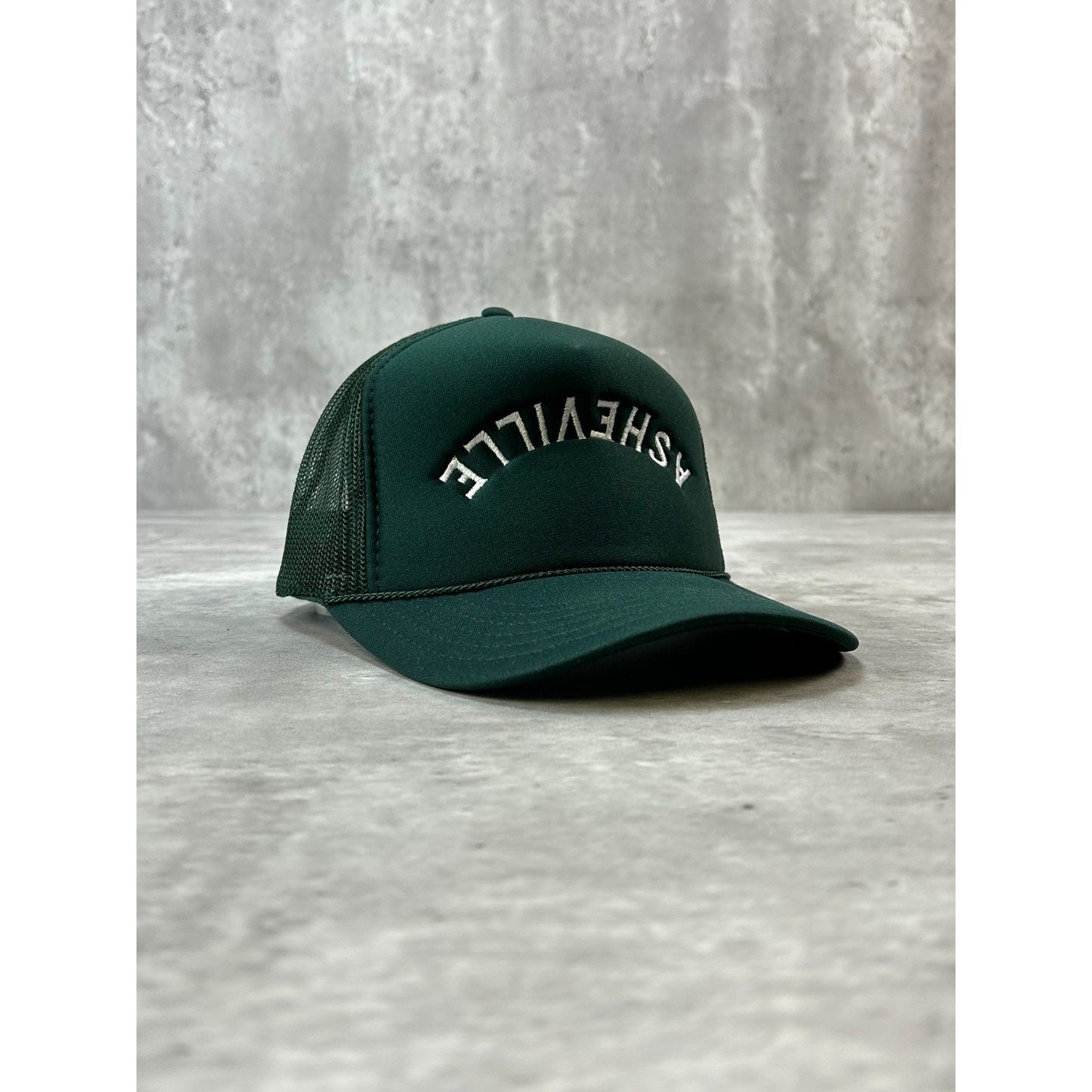 Ashville Upside Down Embroidered Spellout Trucker Snapback Hat OSFA Green