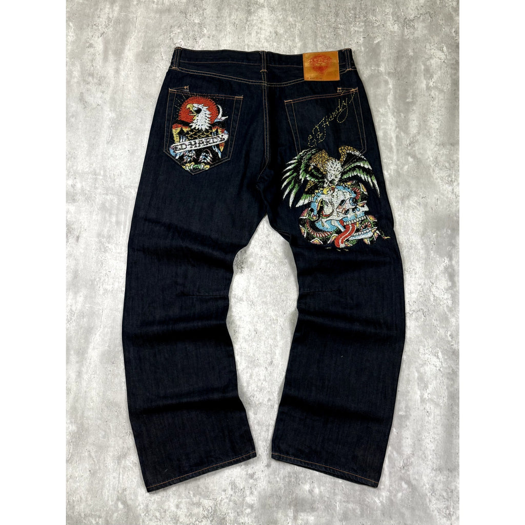 Vintage Y2K Ed Hardy Bedazzled Skull Graphic Dark Wash Denim Pants Size 40