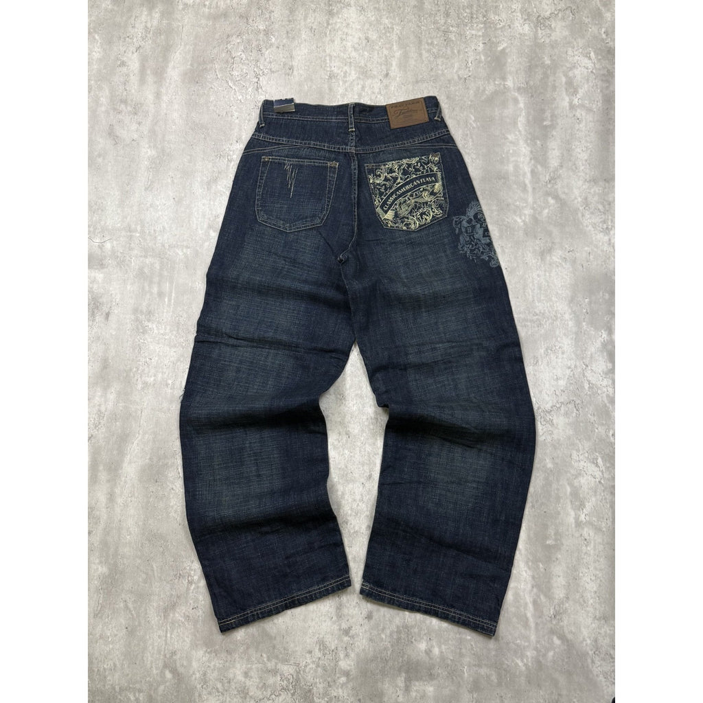 Vintage Y2K Womens Phat Farm Embroidered Spellout Dark Wash Denim Pants 29x31