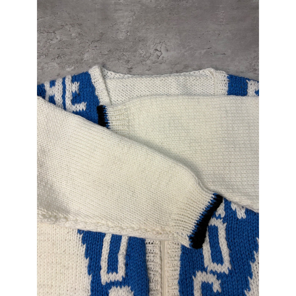 1970s He Shoots He Scores Hockey Graphic Knit Cardigan Sweater Size Medium