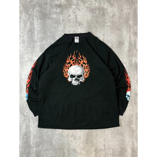 Vintage 2000s Flaming Skull Graphic Long Sleeve T-Shirt Size 2XL Black