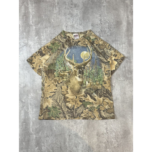 Vintage 90s Deer Graphic Nature Animal Tree Camo Hunting T-Shirt Size Large