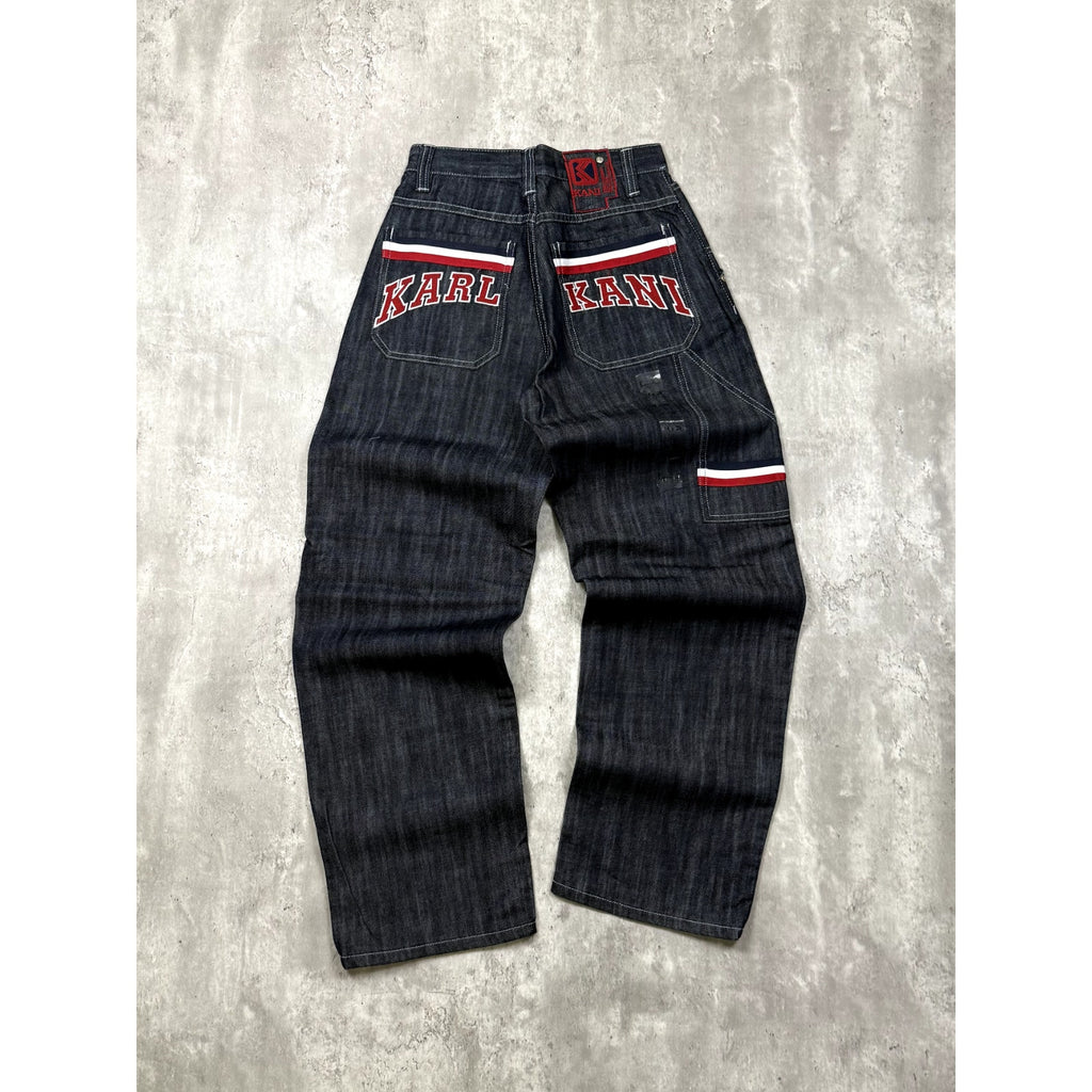 Vintage Y2K Womens Kani Embroidered Arc Spellout Dark Wash Denim Pants