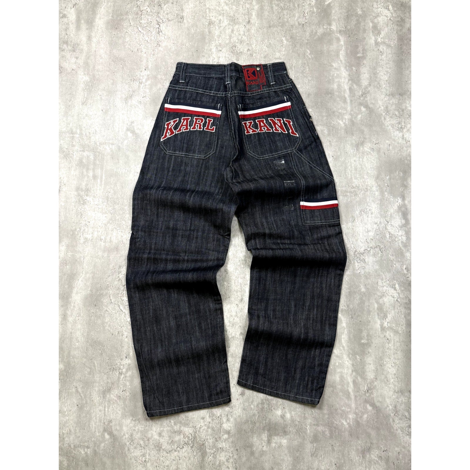Vintage Y2K Womens Kani Embroidered Arc Spellout Dark Wash Denim Pants