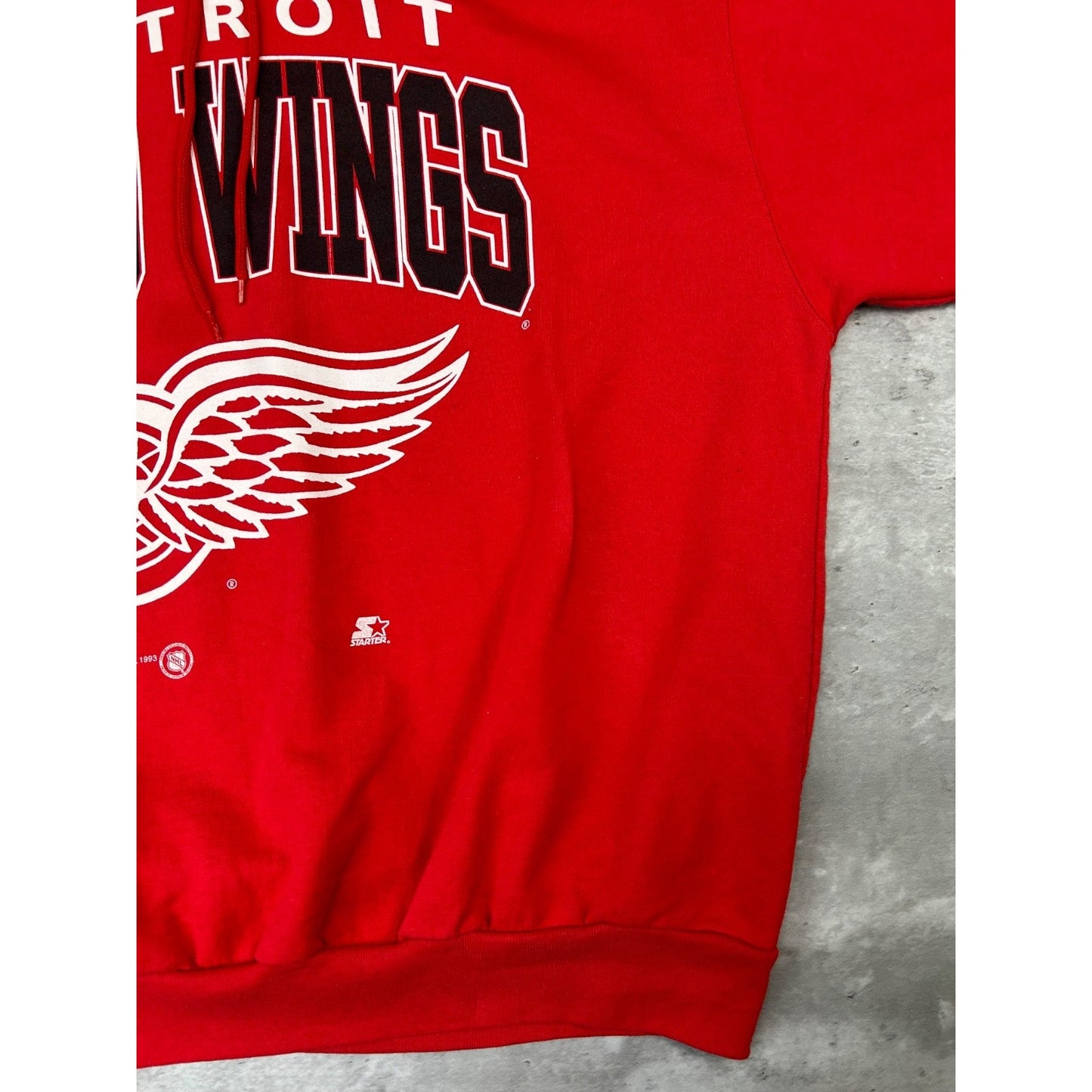 Vintage 90s Detroit Red Wings NHL Spellout Graphic Hooded Sweatshirt Size Large