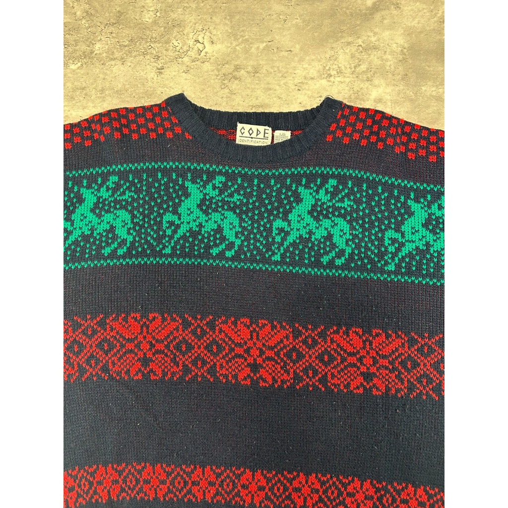 Vintage 90s Code Identification Abstract Striped Reindeer Knit Sweater Sz Large
