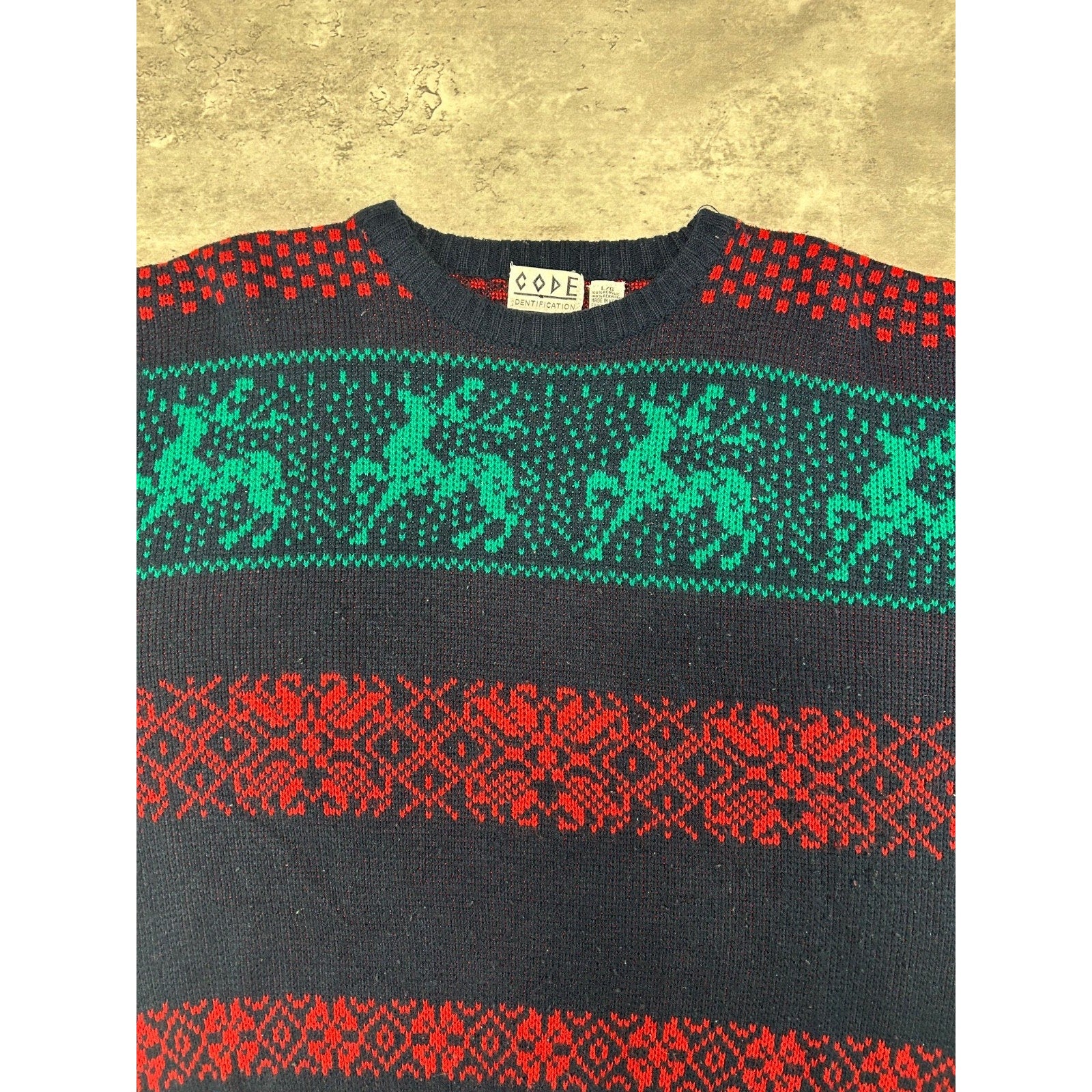 Vintage 90s Code Identification Abstract Striped Reindeer Knit Sweater Sz Large