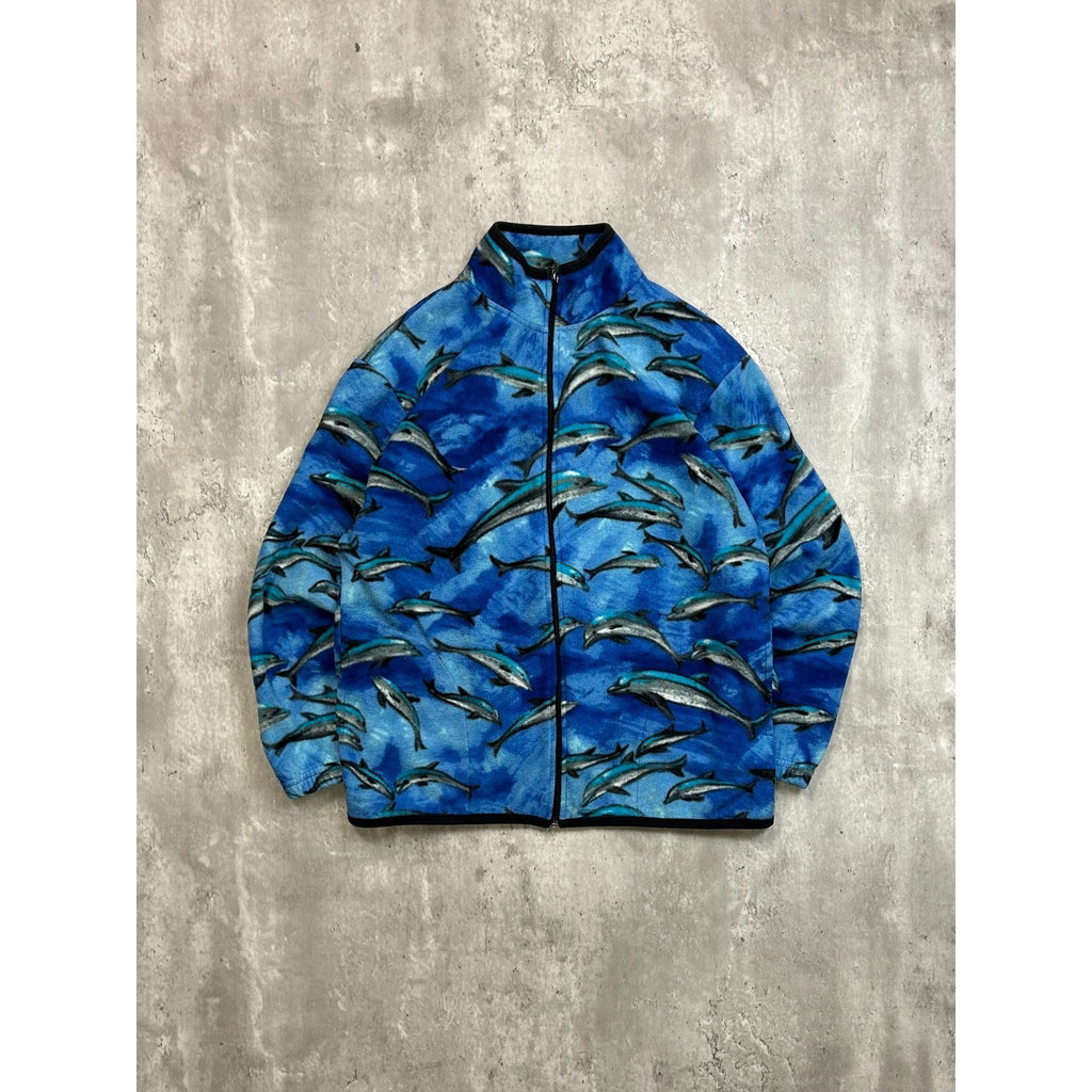 Vintage 90s Women's Dolphin All Over Print Animal Fleece Sweatshirt Size Large