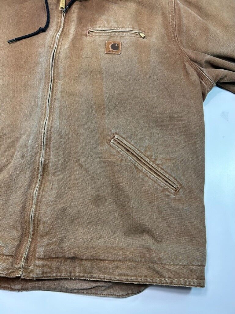 Vtg Carhartt Fleece Lined Canvas Workwear Hooded Detroit Jacket Sz XL J141BRN