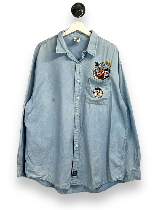 Vintage 1998 Looney Tunes Embroidered Long Sleeve Button Up Shirt Sz XL