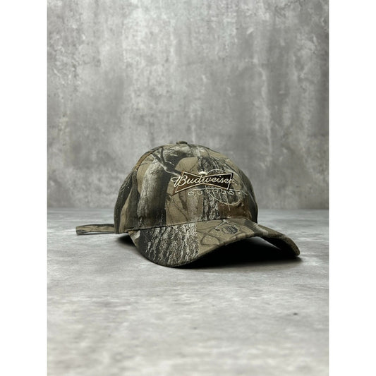 Vintage Budweiser Outdoors Realtree Hardwoods Camo Beer Promo Strapback Hat OSFA