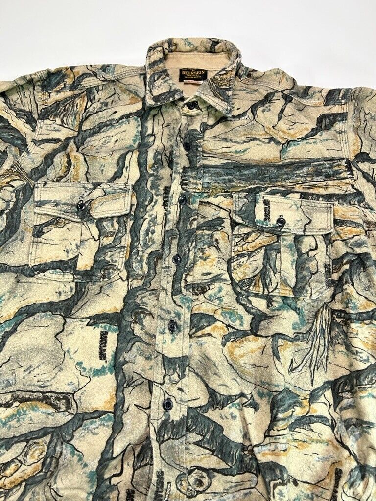 Vintage 90s Deerskin Badland Camo Long Sleeve Hunting Button Up Shirt Size Large