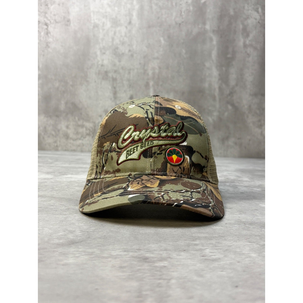 Vintage Crystal Beet Seeds Tree Camo Hunting Trucker Strapback Hat OSFA