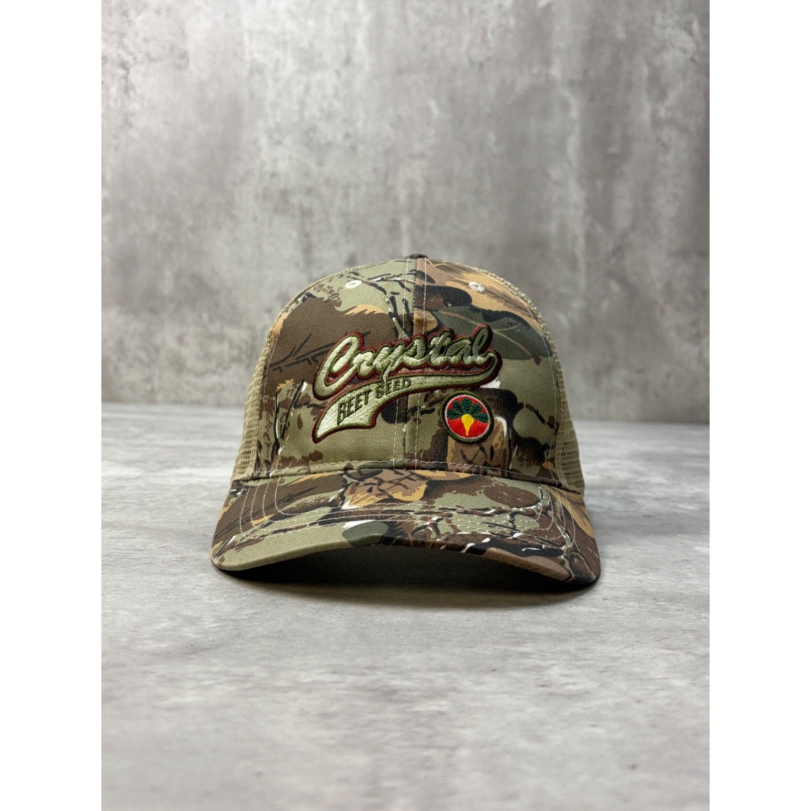 Vintage Crystal Beet Seeds Tree Camo Hunting Trucker Strapback Hat OSFA