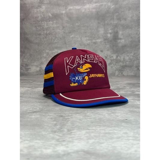 Vintage 80s Kansas Jayhawks NCAA Three Stripe Trucker Snapback Hat OSFA