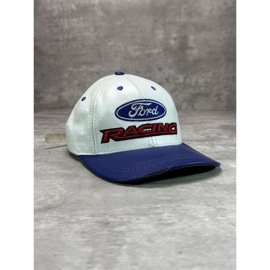 Vintage 90s Ford Racing Embroidered Spellout Leather Strapback Hat OSFA