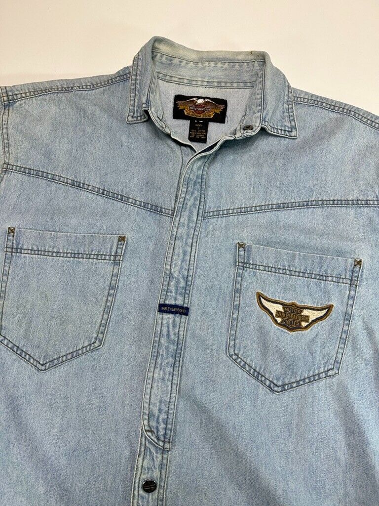 Vintage Harley Davidson Light Wash Denim Double Pocket Button Up Shirt Sz Large