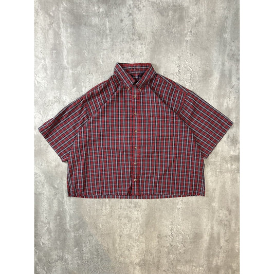 Vintage Plaid Single Pocket Short Sleeve Cropped Button Up Shirt Size 2XL