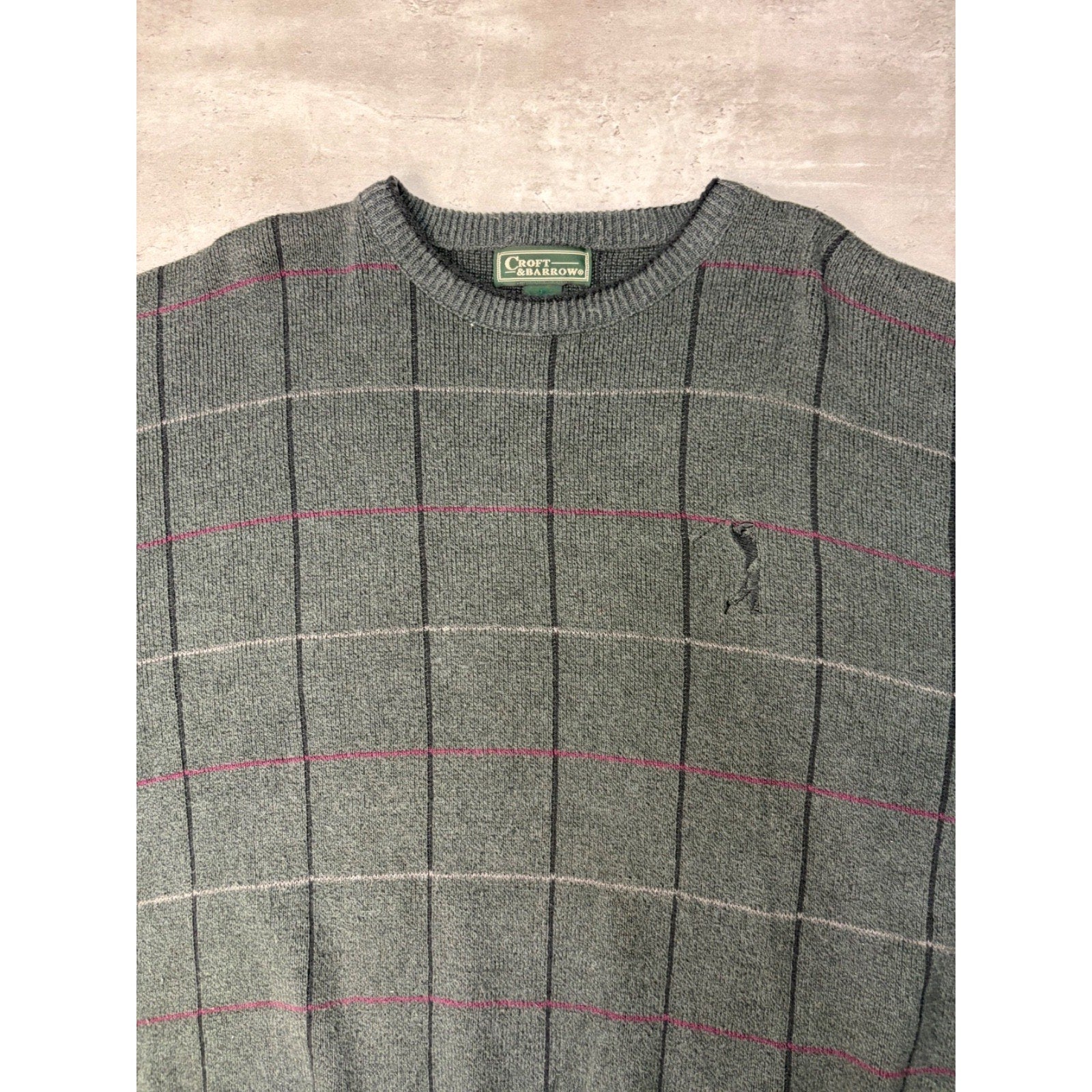 Vintage Croft & Barrow Embroidered Golfer Grid Pattern Knit Sweater Size 2XL