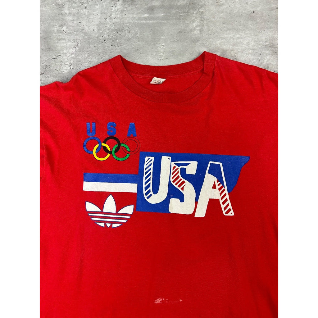 Vintage 80s Team USA Olympics Adidas Graphic T-Shirt Size Large Red