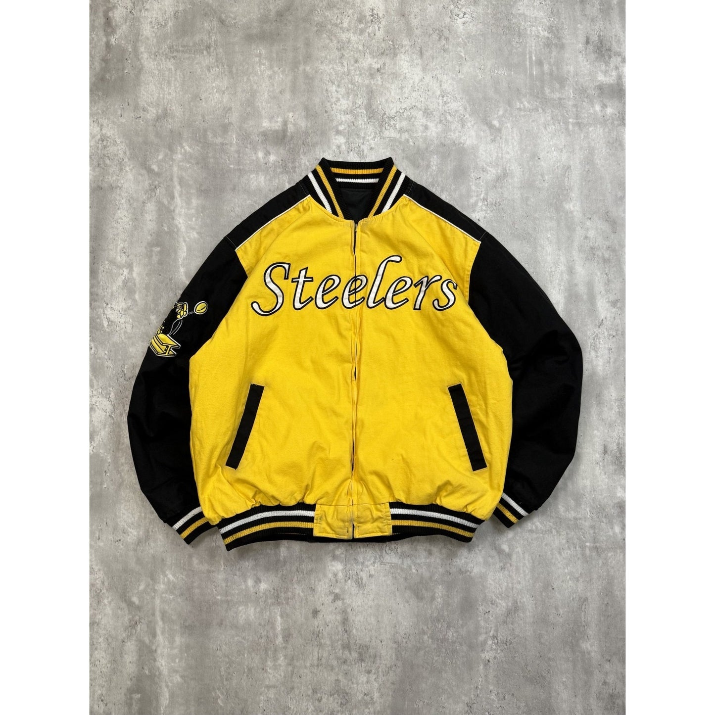 Vintage Pittsburgh Steelers NFL Spellout Reversible Bomber Jacket Size Large