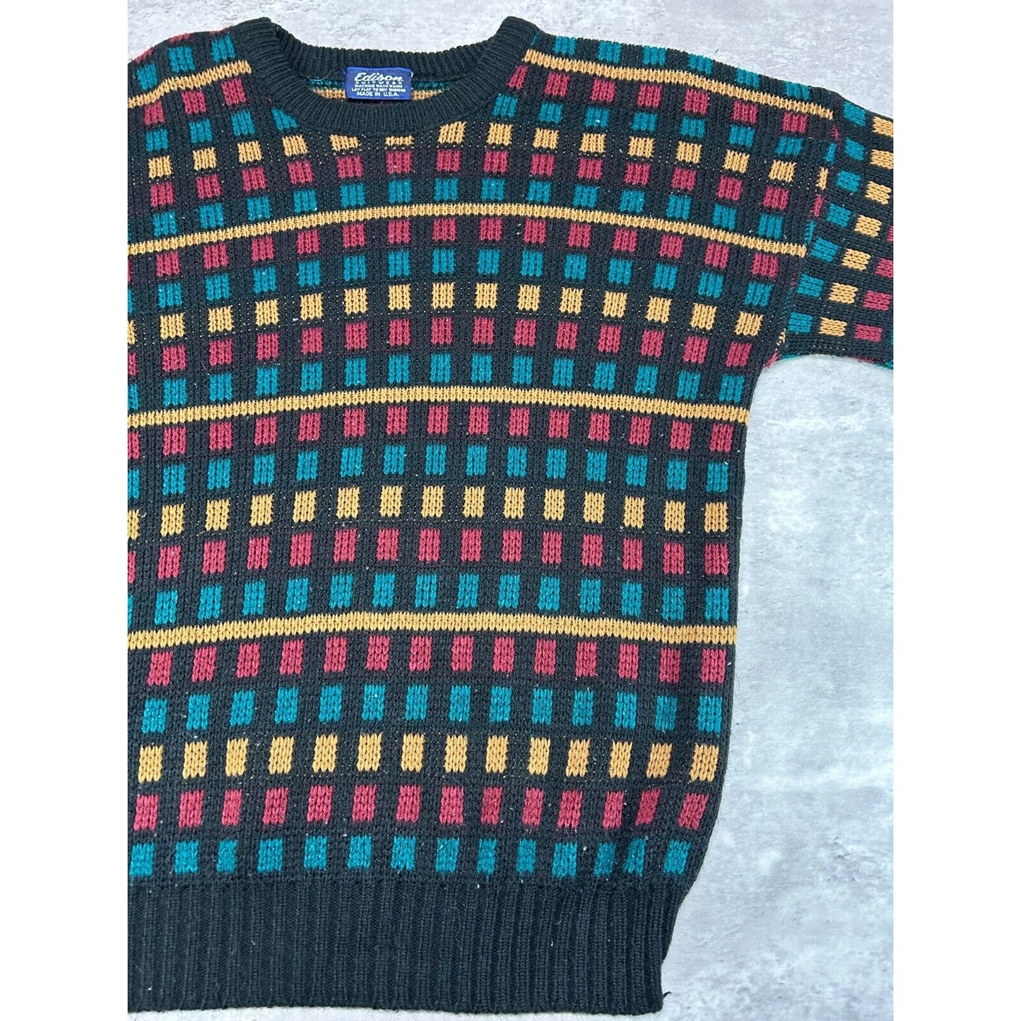 Vintage 90s Edison Geometric Print Ribbed Pullover Knit Sweater Size Large