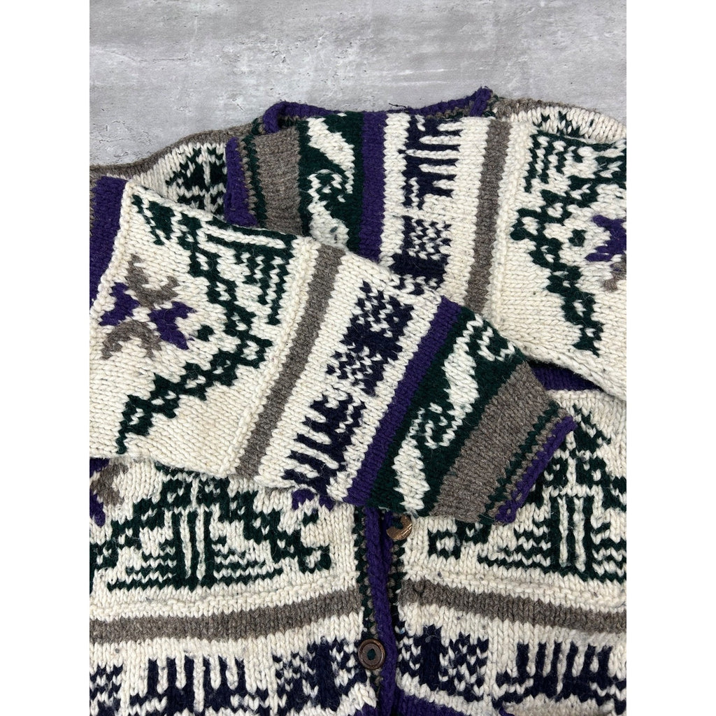 Vintage 80s/90s Rey Wear Geometric Print Cardigan Knit Sweater Size Large
