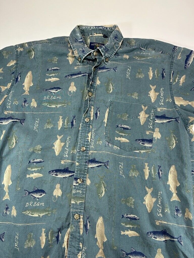 Vintage Salmon River Traders Fish All Over Print Button Up Shirt Size Large