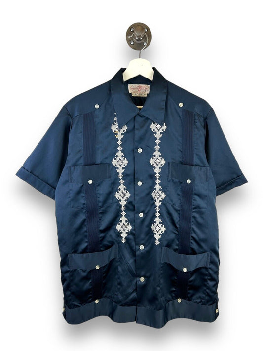Vintage 70s/80s Guayaleras Tulum Satin Embroidered Button Up Shirt Size XL Blue