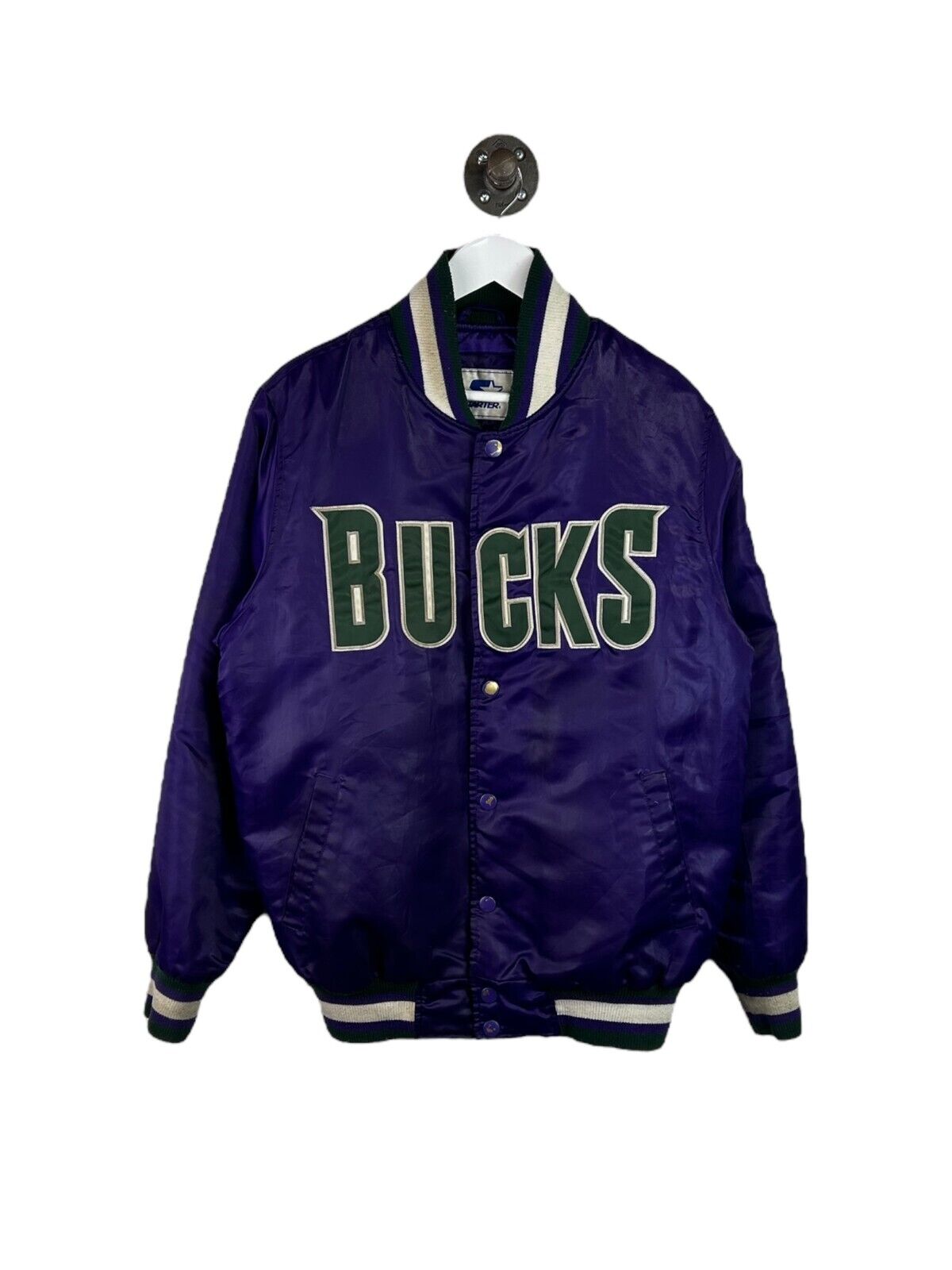 Milwaukee Bucks NBA Embroidered Satin Varsity Basketball Bomber Jacket Sz Medium