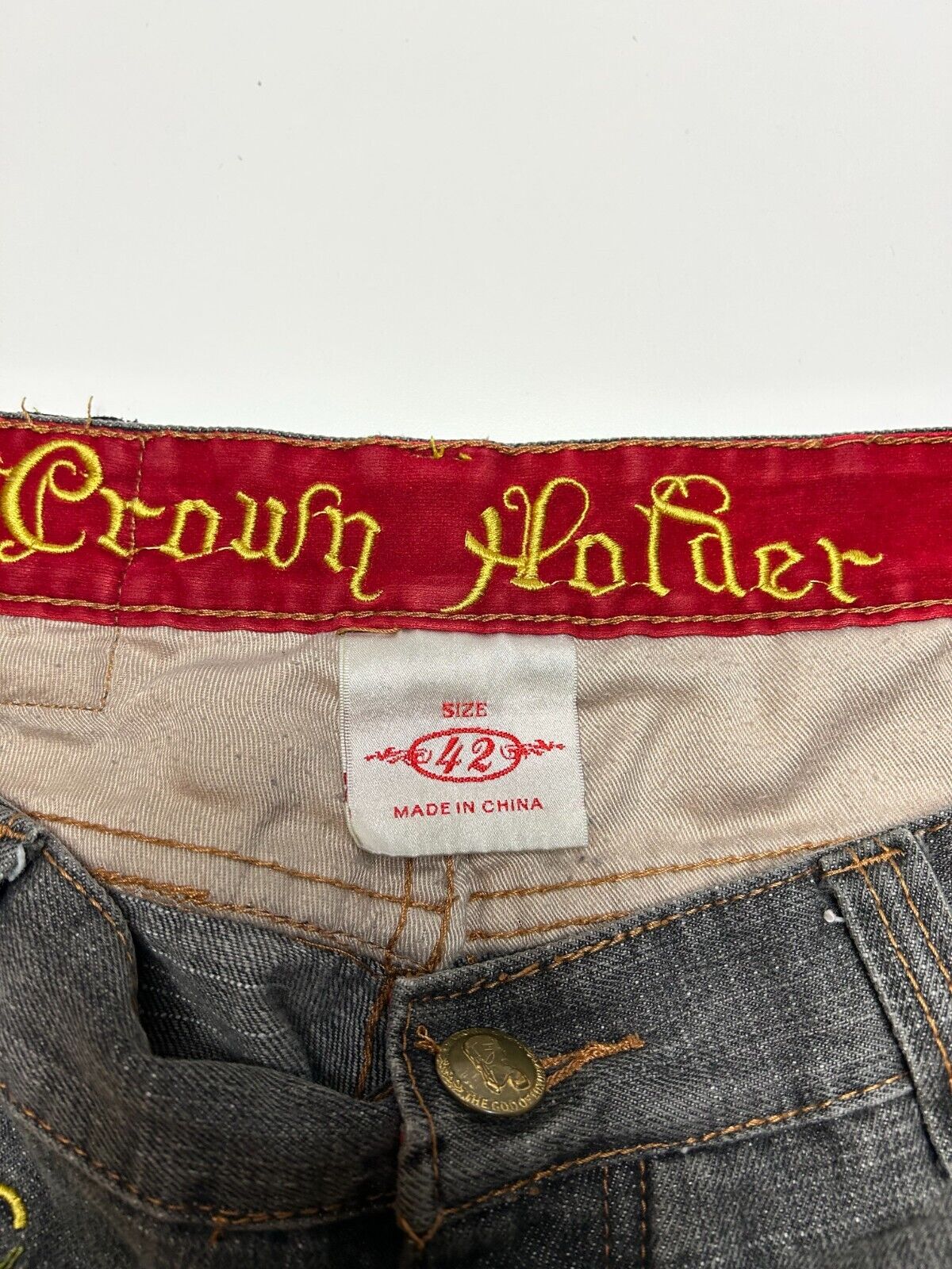 Vintage Y2K Crown Holder Baggy Fit Embroidered Graphic Denim Pants Size 43