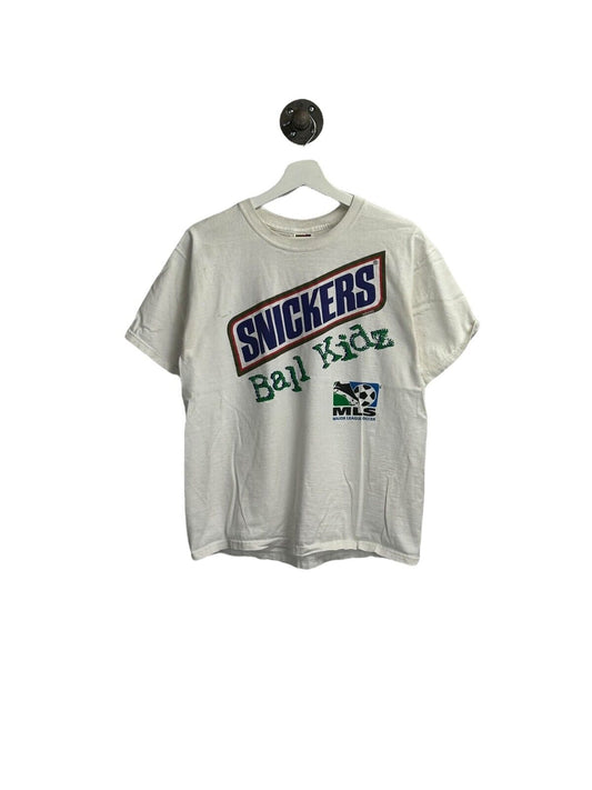 Vintage MLS Snickers Ball Kidz Soccer Snack Promo T-Shirt Size Medium White