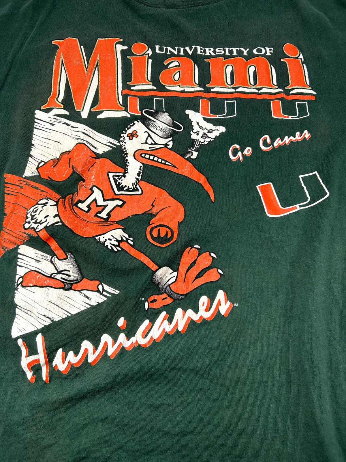 Vintage 90s Miami Hurricanes NCAA Wraparound Print Collegiate T-Shirt Size XL