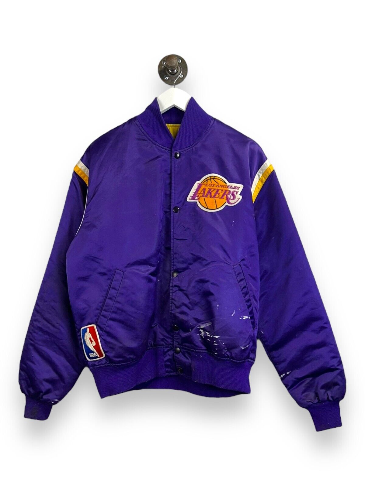 Vintage 80s Los Angeles Lakers Embroidered Satin Starter Bomber Jacket Sz Large