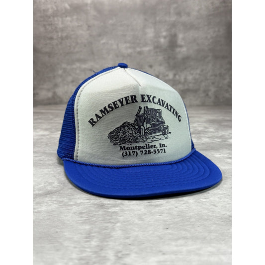Vintage 80s Ramseyer Excavating Graphic Spellout Trucker Snapback Hat OSFA