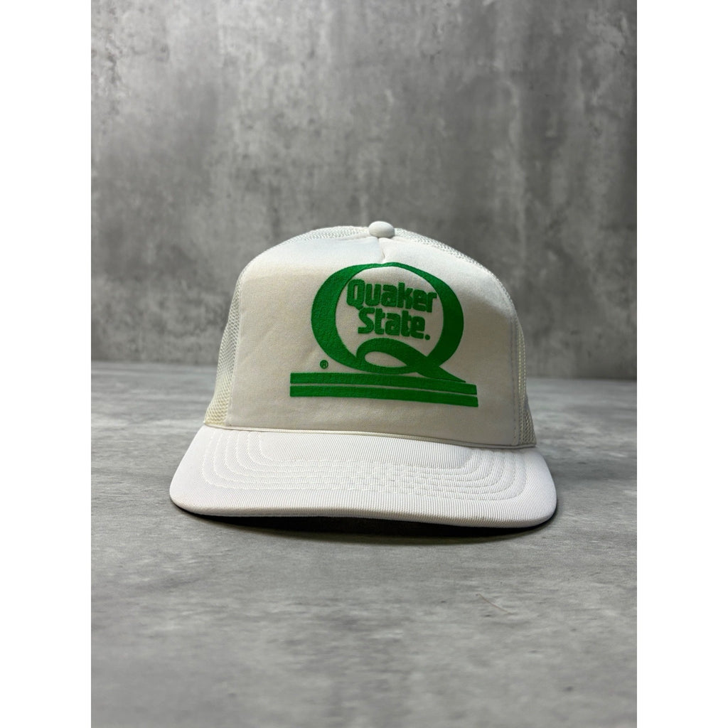 Vintage 80s Quaker State Graphic Logo White Trucker Snapback Hat OSFA