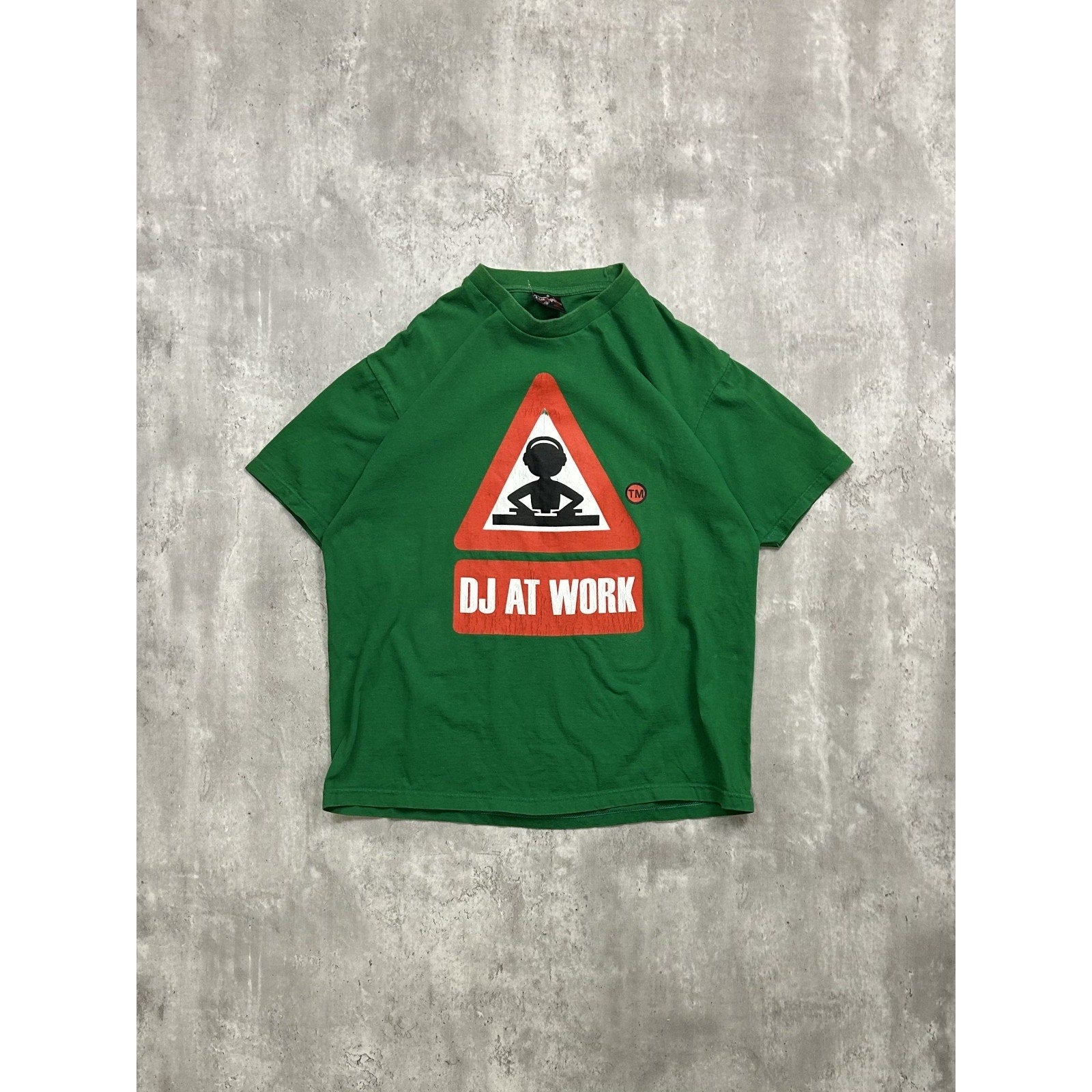 Vintage DJ At Work Hazrad Style Graphic Spell Out Cartoon T-Shirt Size Large