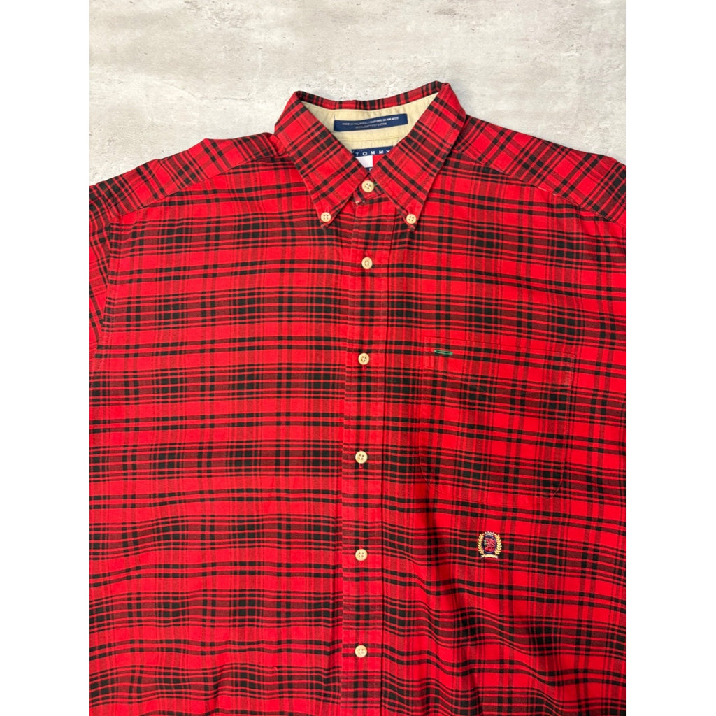 Vintage Tommy Hilfiger Embroidered Crest Plaid Cropped Button Up Shirt Sz Medium