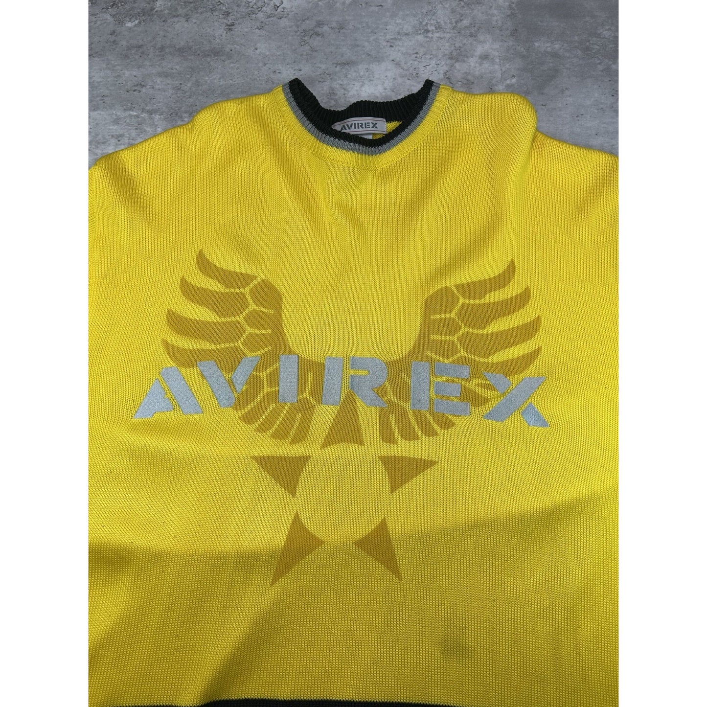 Vintage 90s Avirex Embroidered Spellout Pullover Knit Sweater Size XXL Yellow