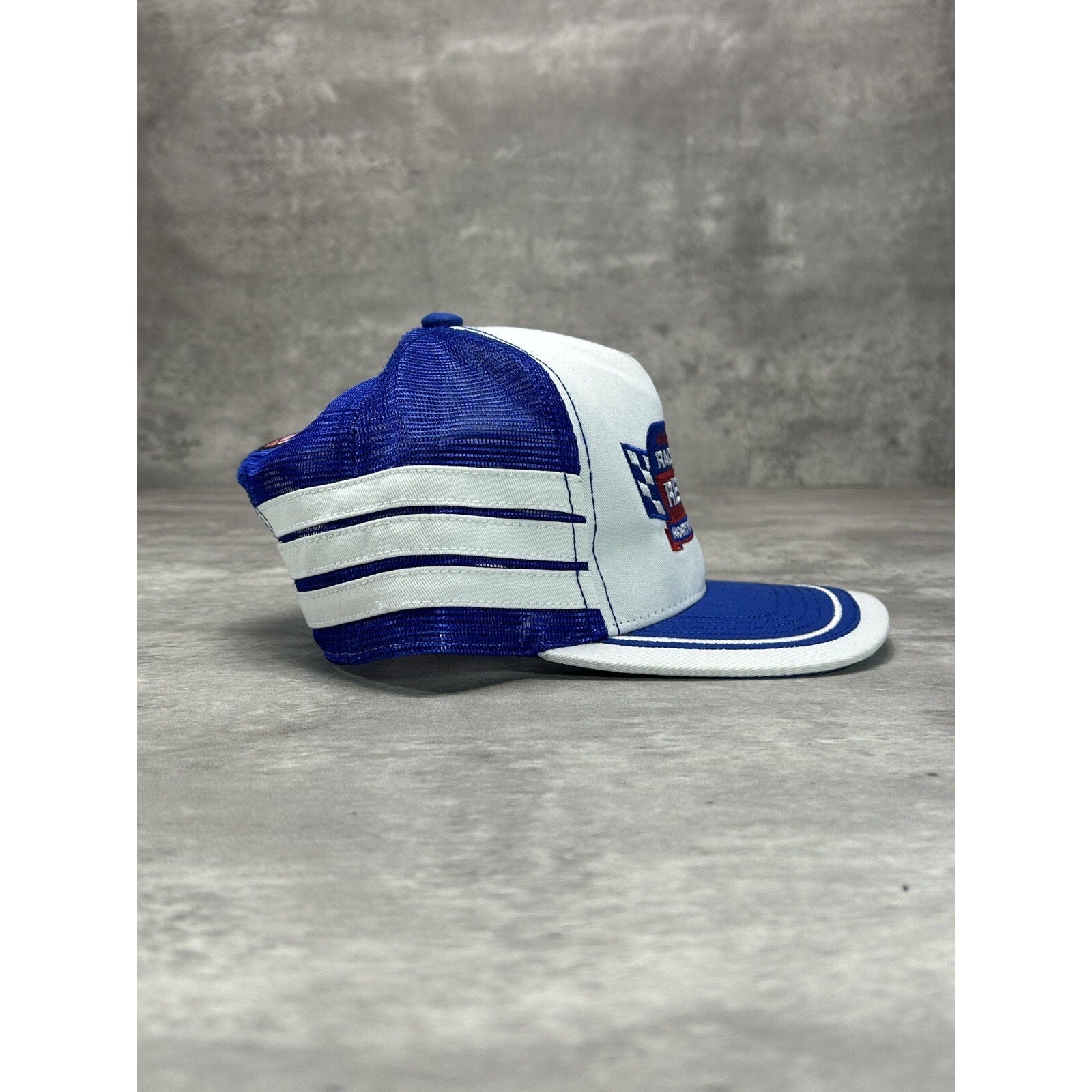 Vintage 90s Racetrack Revival Embroidered Three Stripe Trucker Snapback Hat OSFA