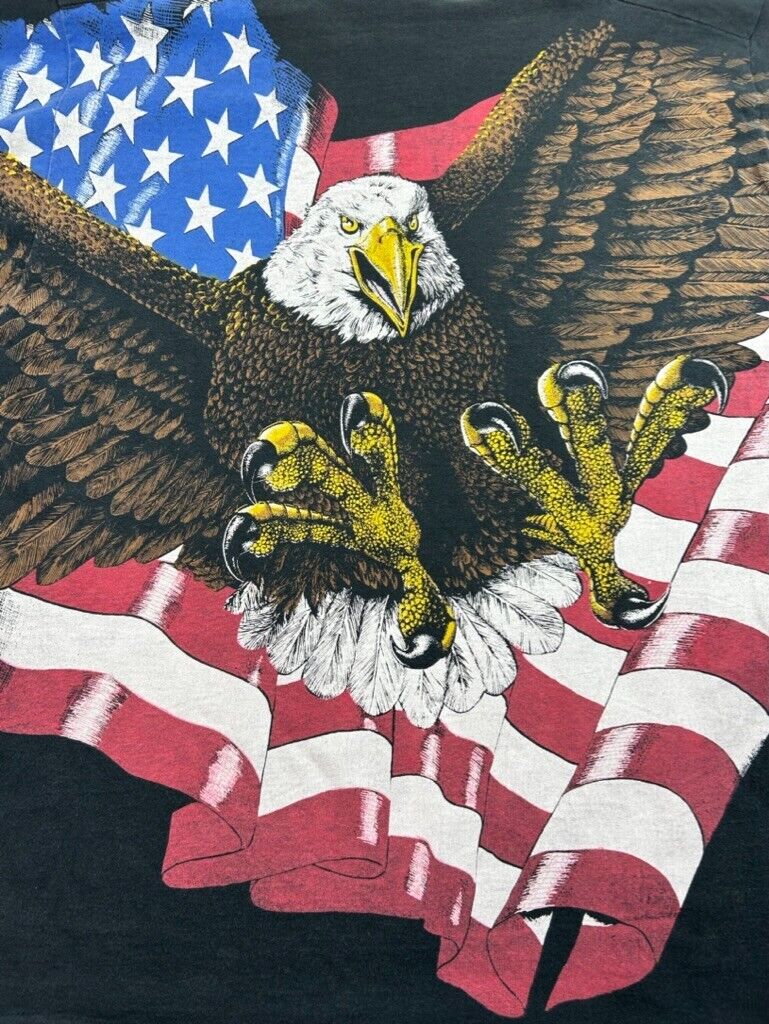 Vintage 90s Bald Eagle American Flag All Over Print Graphic T-Shirt Size XL