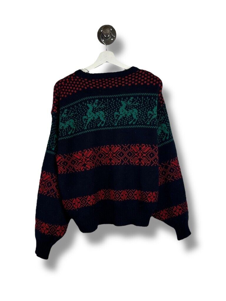 Vintage 90s Code Identification Reindeer Print Pull Over Knit Sweater Size Large