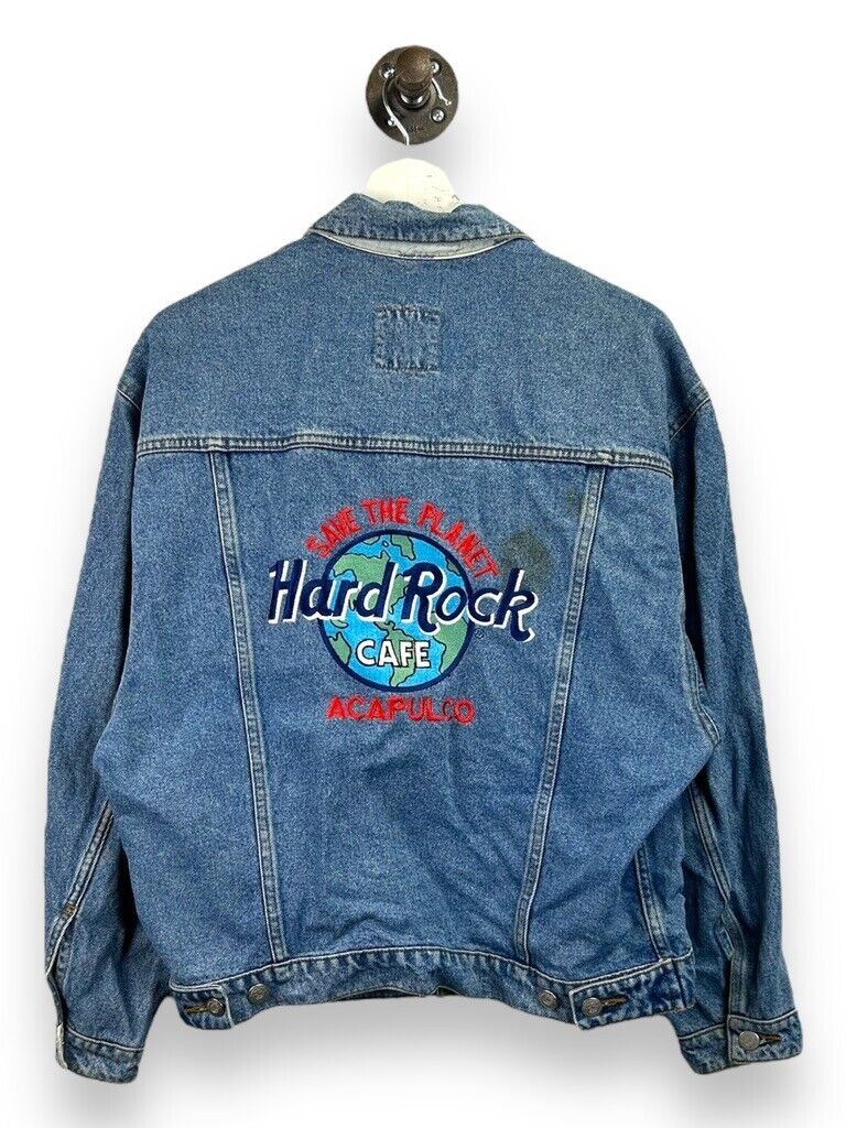 Vintage 90s Hard Rock Cafe Acapulco Save The Planet Denim Trucker Jacket Medium