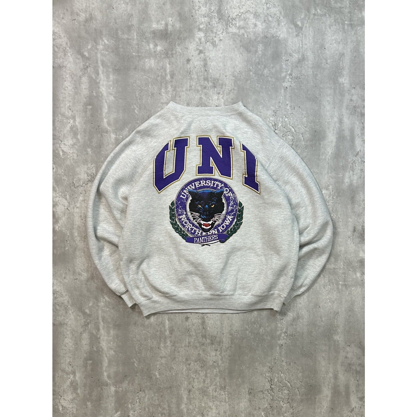 Vintage 90s University Of Northern Iowa NCAA Graphic Crest Sweatshirt Size Large