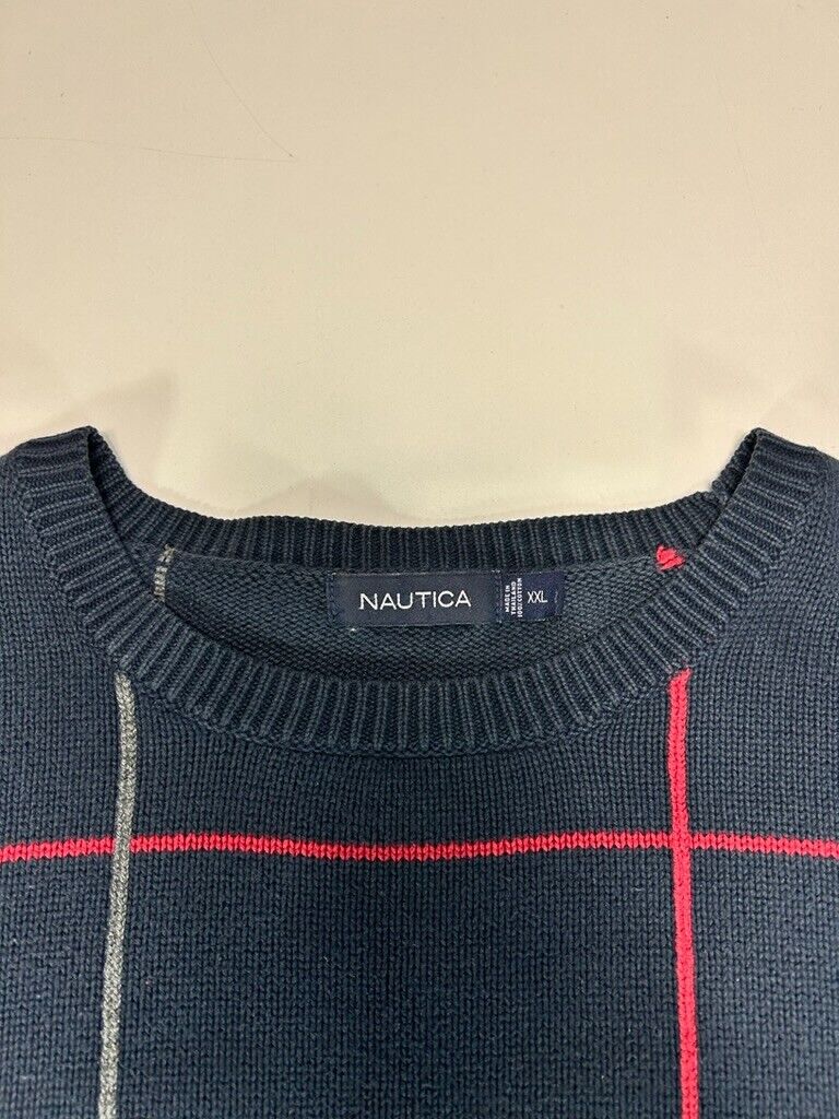 Nautica Embroidered Logo Checkered Print Ribbed Pull Over Knit Sweater Size 2XL